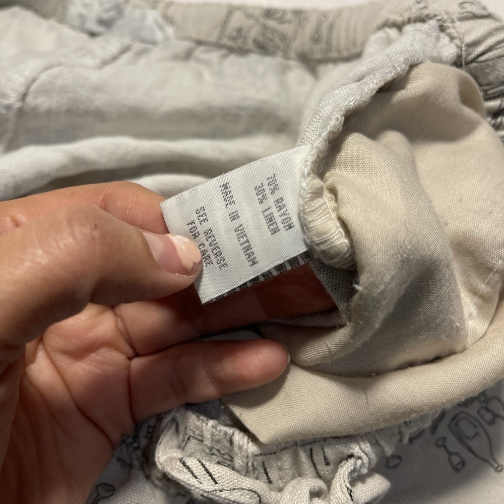 Cali 1850 M Linen Rayon Pants Beige European Cafe Sketch Print Wide Leg Vacation - Picture 10 of 11